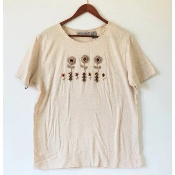 Northern Isles T-shirt  with flowers of wool and wood crochet -Size L - Picture 1 of 5